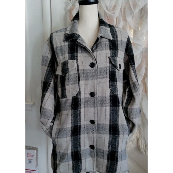 New Lucky Brand Pea Coat Jacket Womens Size M Relaxed Fit Gray Plaid Black Gray - Picture 1 of 4